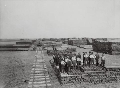 Work crew with Soo Line Railroad ties, Becker County, Minnesota