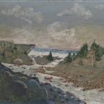 Oil painting of a dam across a river