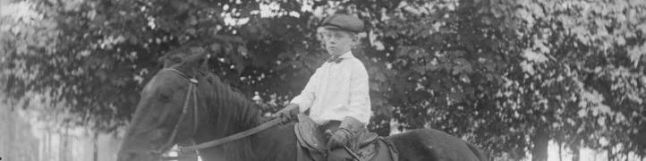 Portrait of Sterling Hawkes at the age of 8 on horse, Waseca, Minnesota